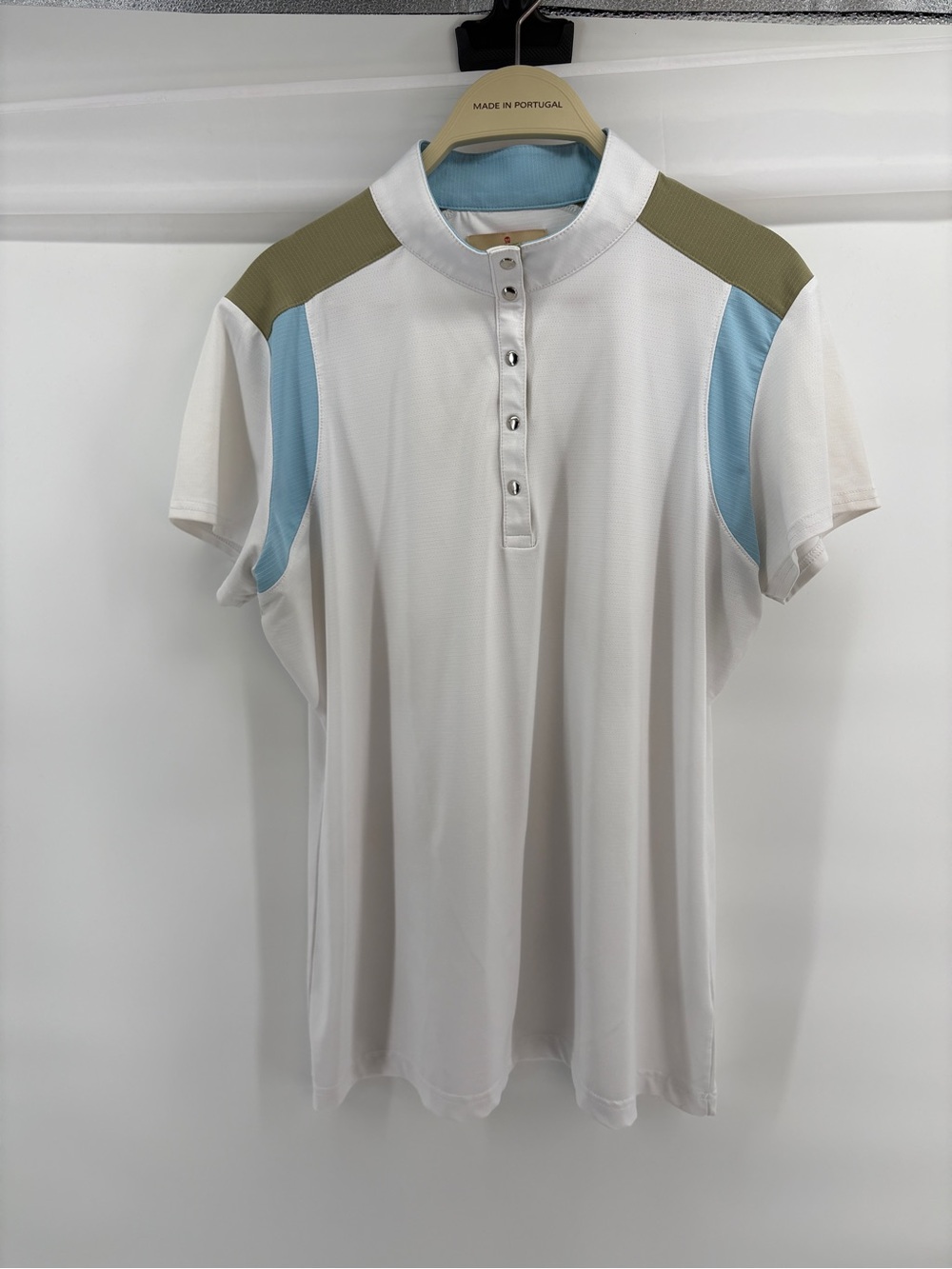 Sport Haley Women’s Large Golf Polo Shirt White Blue Mock Neck Performance